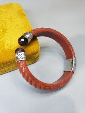 925 Carved Orange/red Jade Cuff Bracelet with Garnets